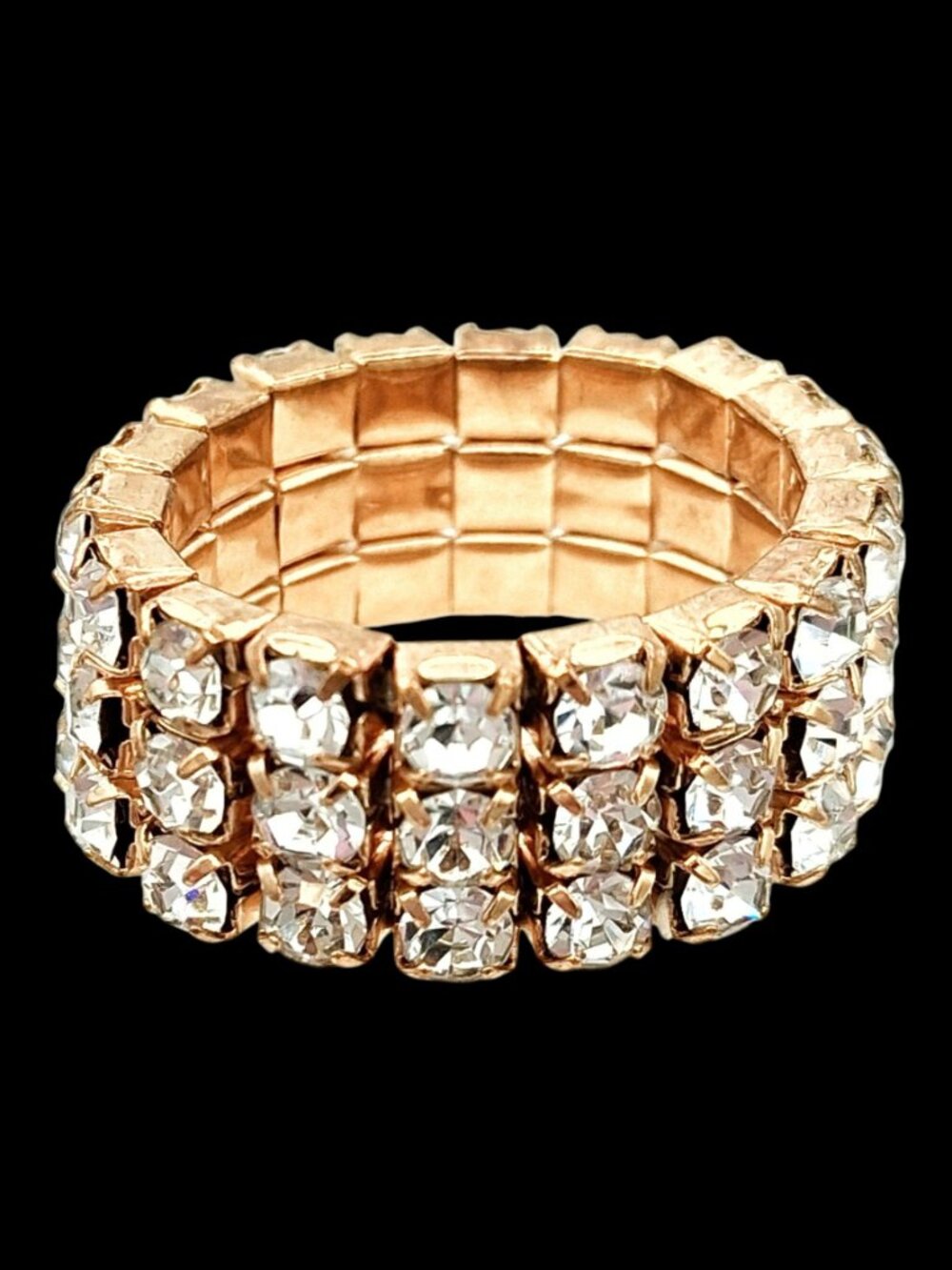 Crystal 3 Row Eternity Band Stretch Ring Sz 7 - 9 Gold Tone